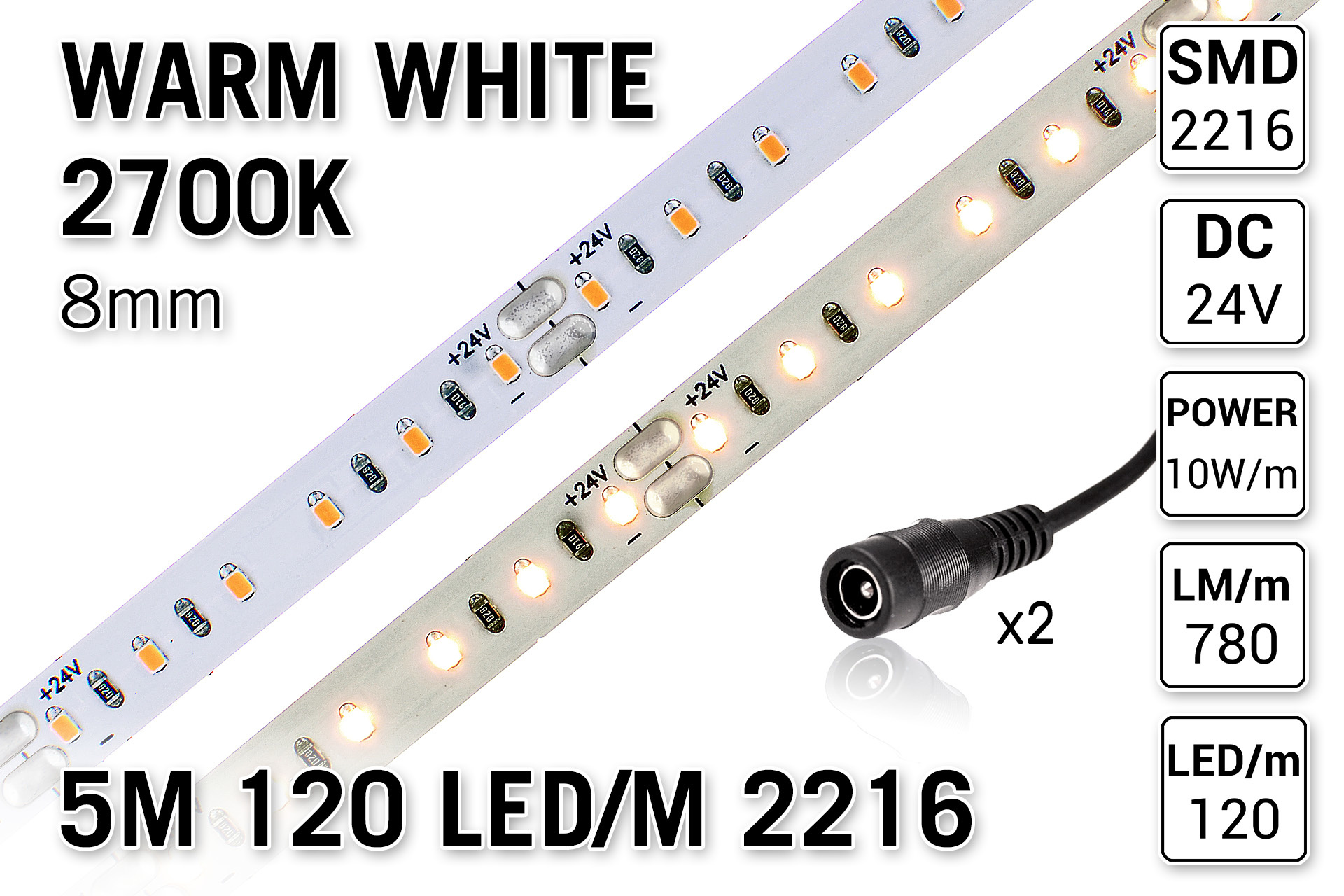 PRO LINE 2700K Warm Wit Led Strip | 5m 120 Leds pm Type 2216 24V Losse Strip