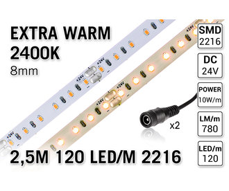 PRO LINE 2400K Extra Warm Wit Led Strip | 2.5m | IP65 | 120 Leds pm Type 2216 24V Losse Strip