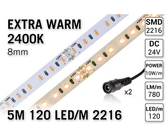 PRO LINE 2400K Extra Warm Wit Led Strip | 5m 120 Leds pm Type 2216 24V Losse Strip