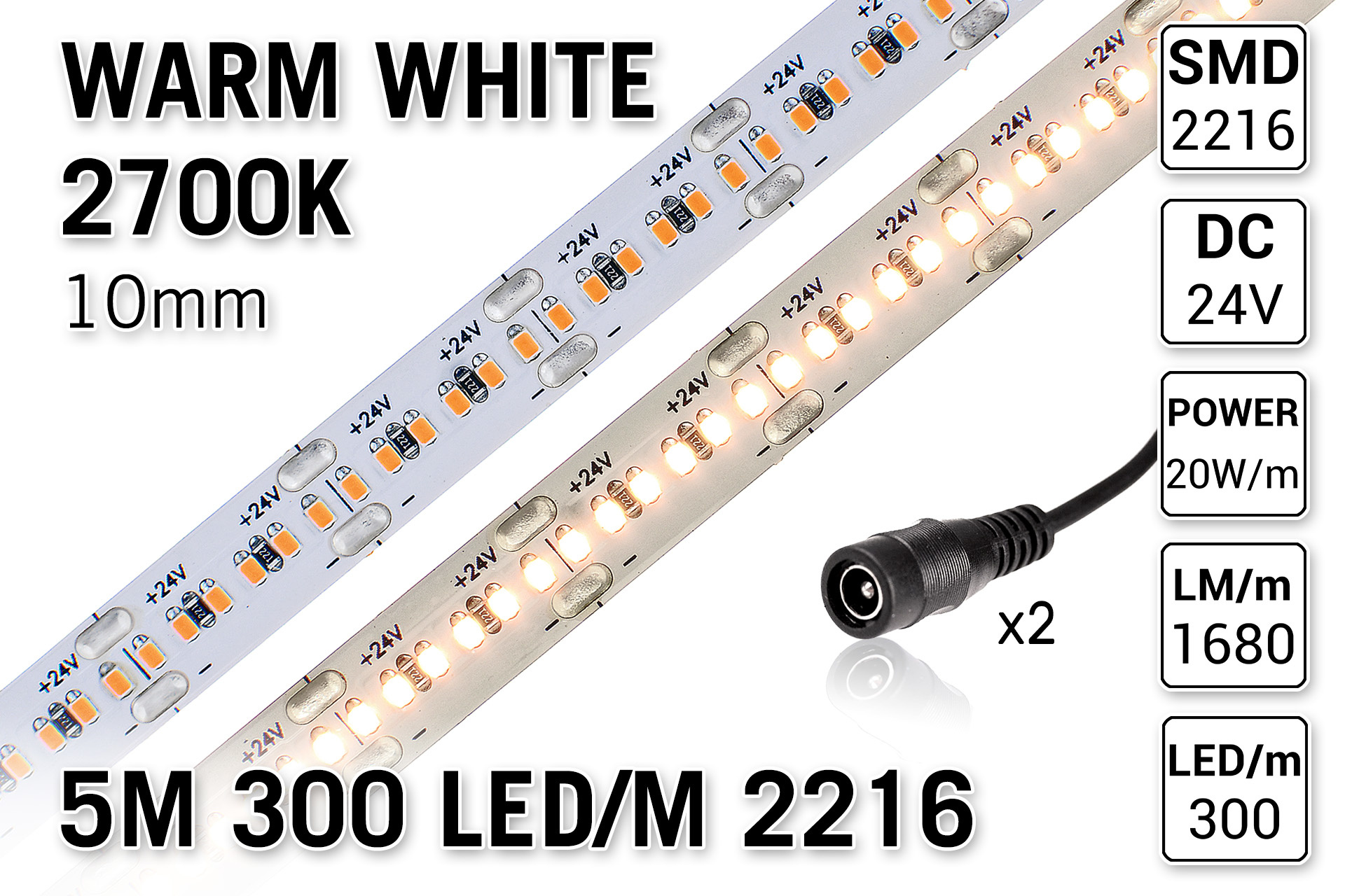 PRO LINE 2700K Warm Wit Led Strip | 5m 300 Leds pm Type 2216 24V Losse Strip