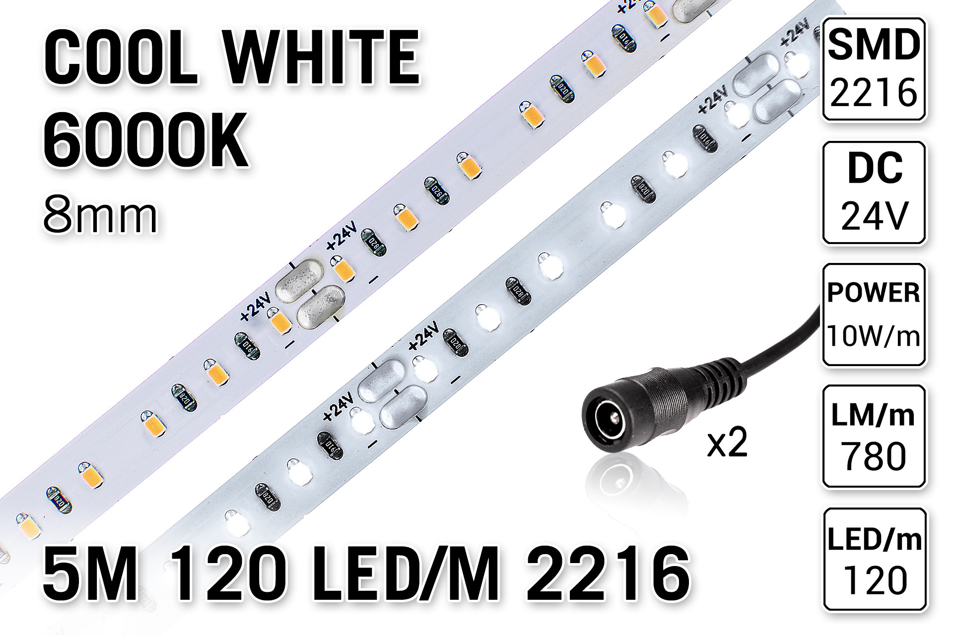 AppLamp ProLine PRO LINE 6000K Koud Wit Led Strip | 5m 120 Leds pm Type 2216 24V Losse Strip