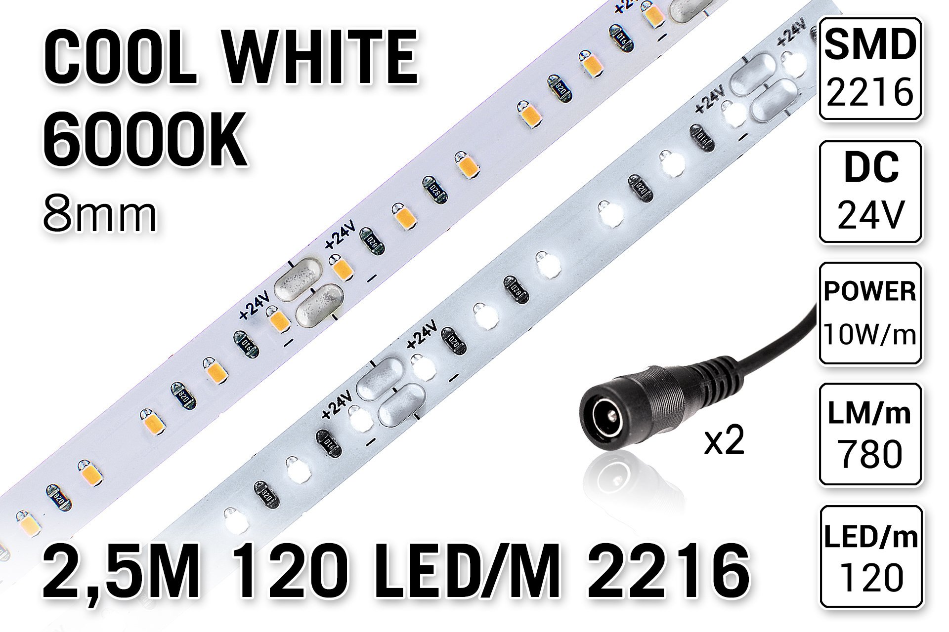 papier Wetenschap Verzadigen PRO LINE Koud Wit Led Strip | 2,5m 120Leds p.m. Type 2216 24V | AppLamp.nl