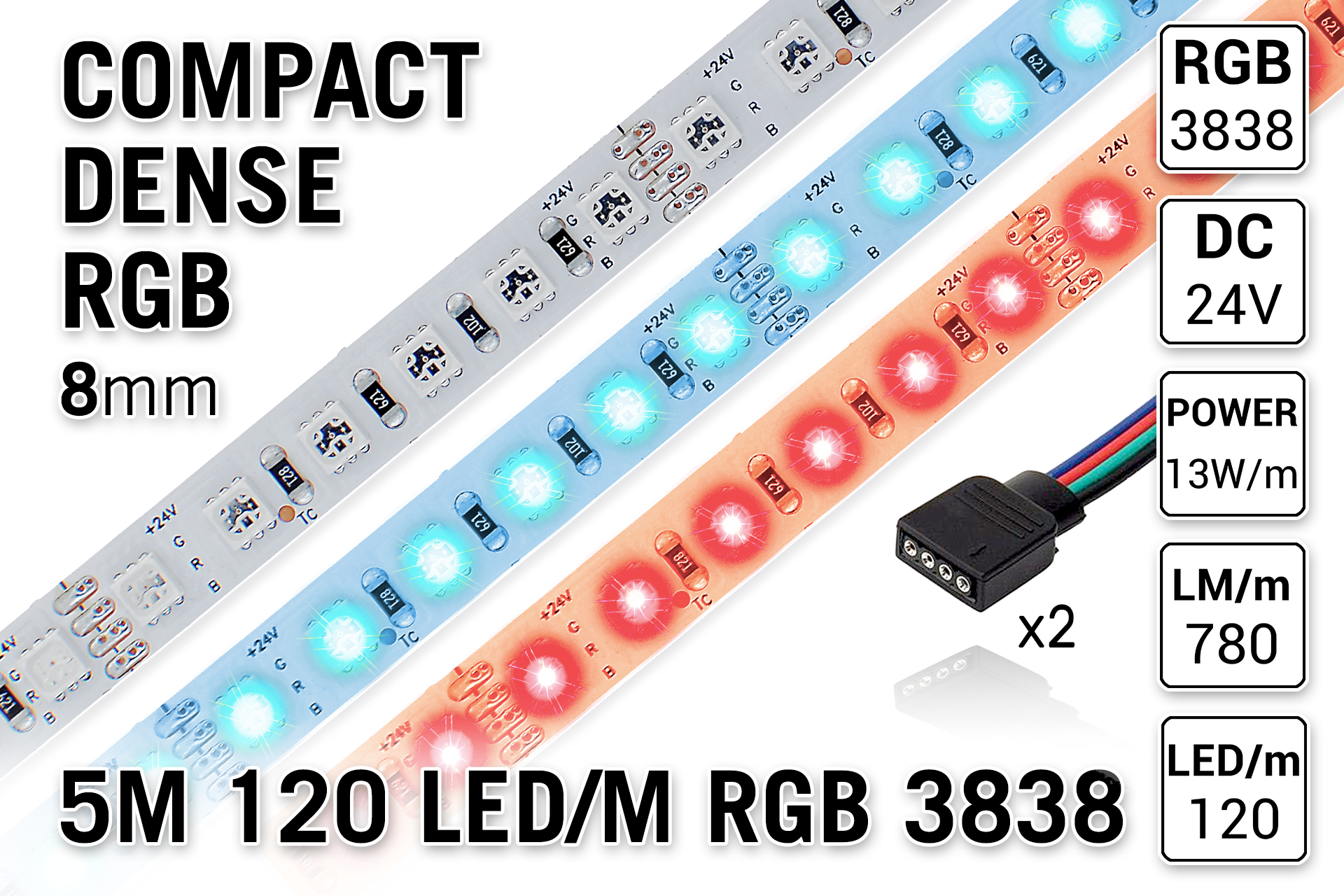 RGB LED strip 24 volt 5 meters IP33 - All Day Led - for 12 & 24 Volt