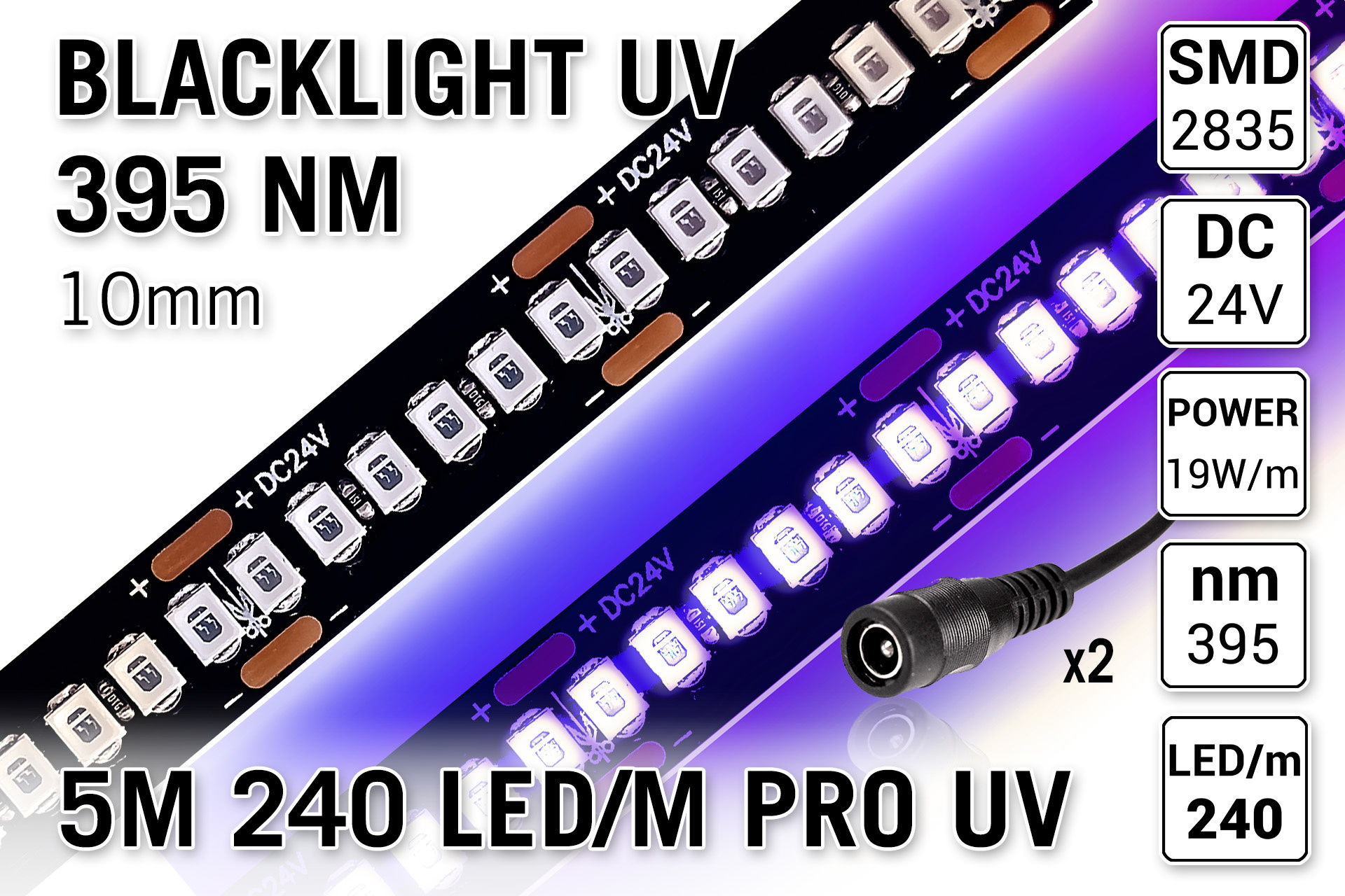 24V UV-A Blacklight LED strip | 395nm | 5M 240LED/m 20W/p.m