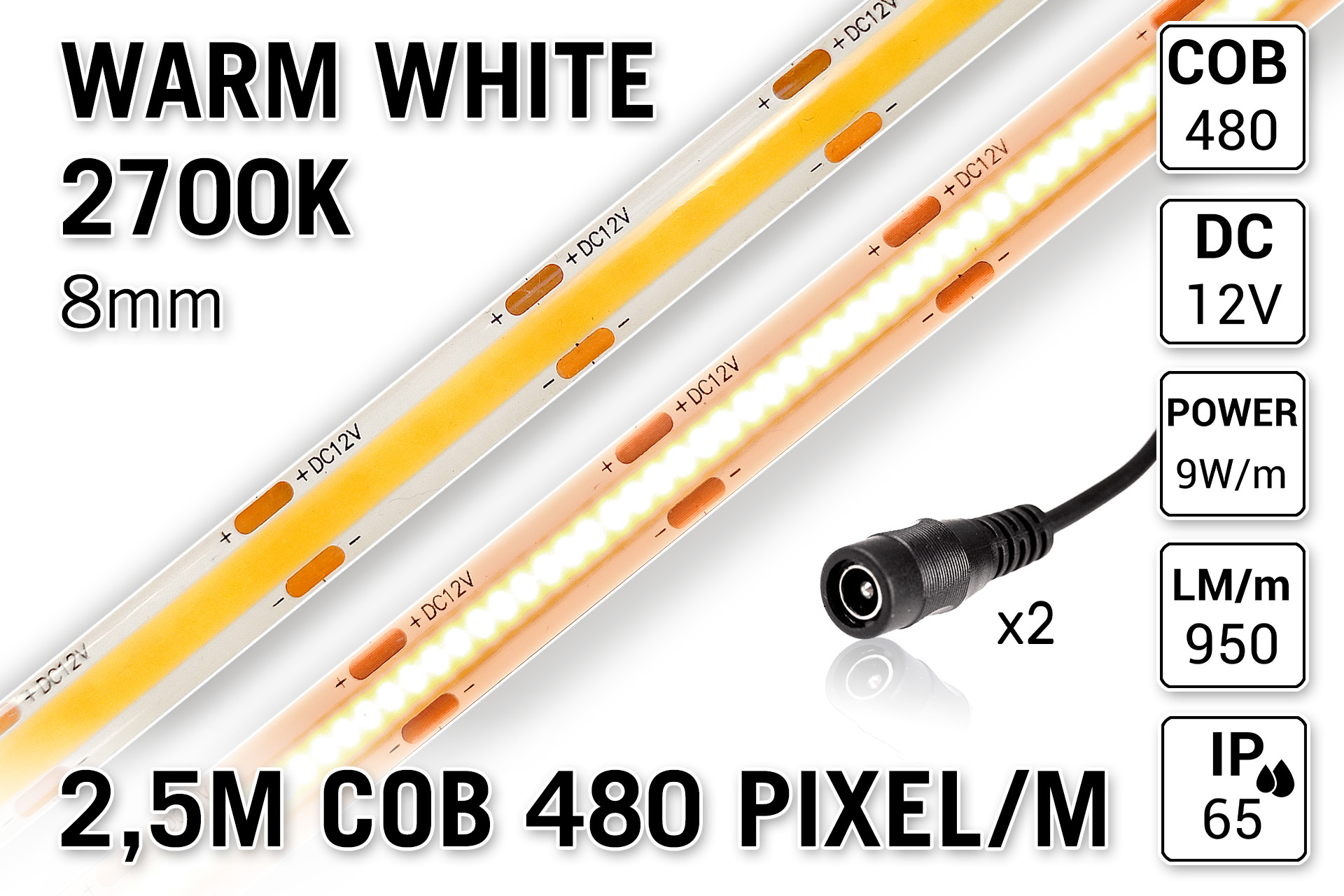 PRO LINE Warm Wit Led Str5m 8mm| COB 480 LED PM! 3Y GARANT | AppLamp.nl