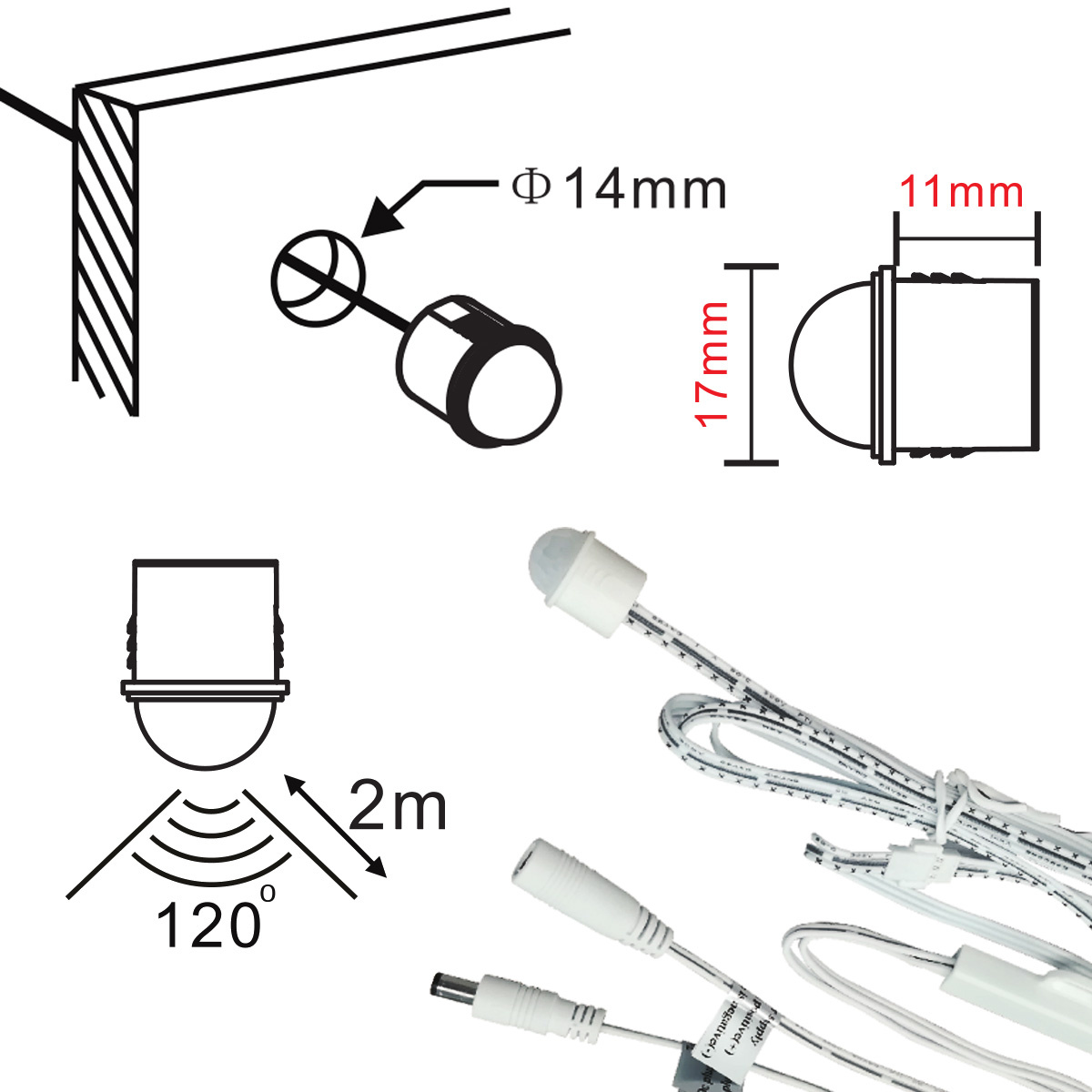 Groot universum protest zij is Mini LED PIR bewegingssensor 40sec, inbouw Ø14mm , <= 2m, 4A 12V-24V |  AppLamp.nl