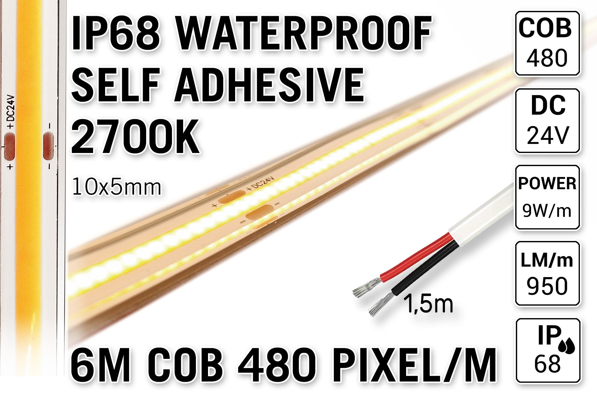 6m IP68 Waterdichte COB 2700K Warm Wit Led Strip | 9W pm  24V | 480 pixels pm - Zelfklevend