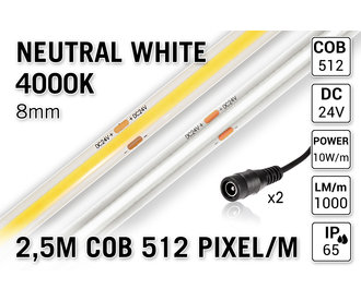 COB 4000K Neutraal Wit Led Strip | 2,5m 10W pm  24V | 512 pixels pm - Losse Strip