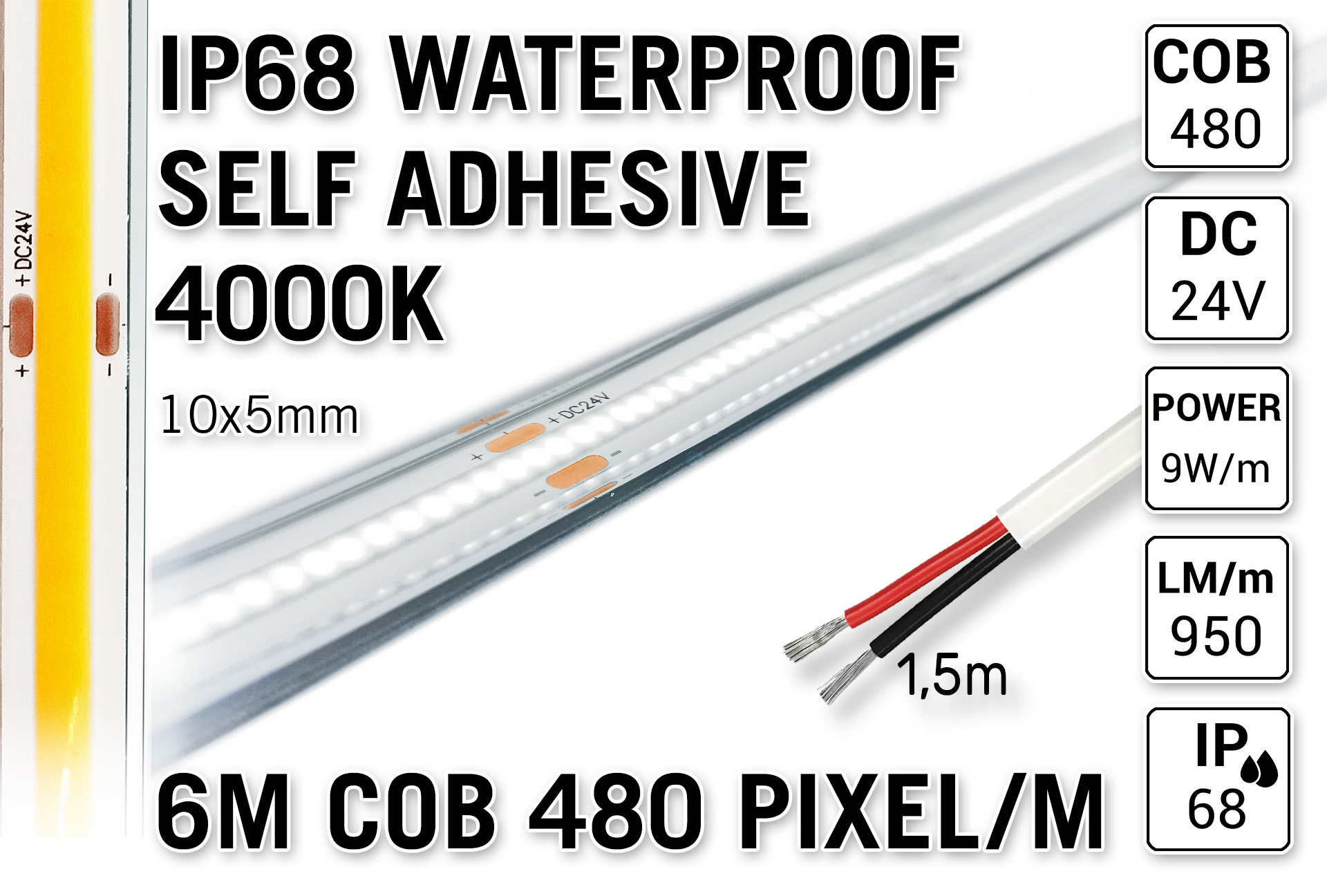 6m IP68 Waterdichte COB4000K Neutraal Wit Led Strip | 9W pm 24V | 480 pixels pm - Zelfklevend