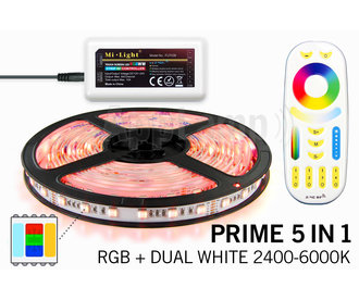 Mi·Light PRIME 7.5m Ledstrip RGB Color+Dual White 60 LED/m, 5 IN 1. Complete set met RF Afstandsbediening