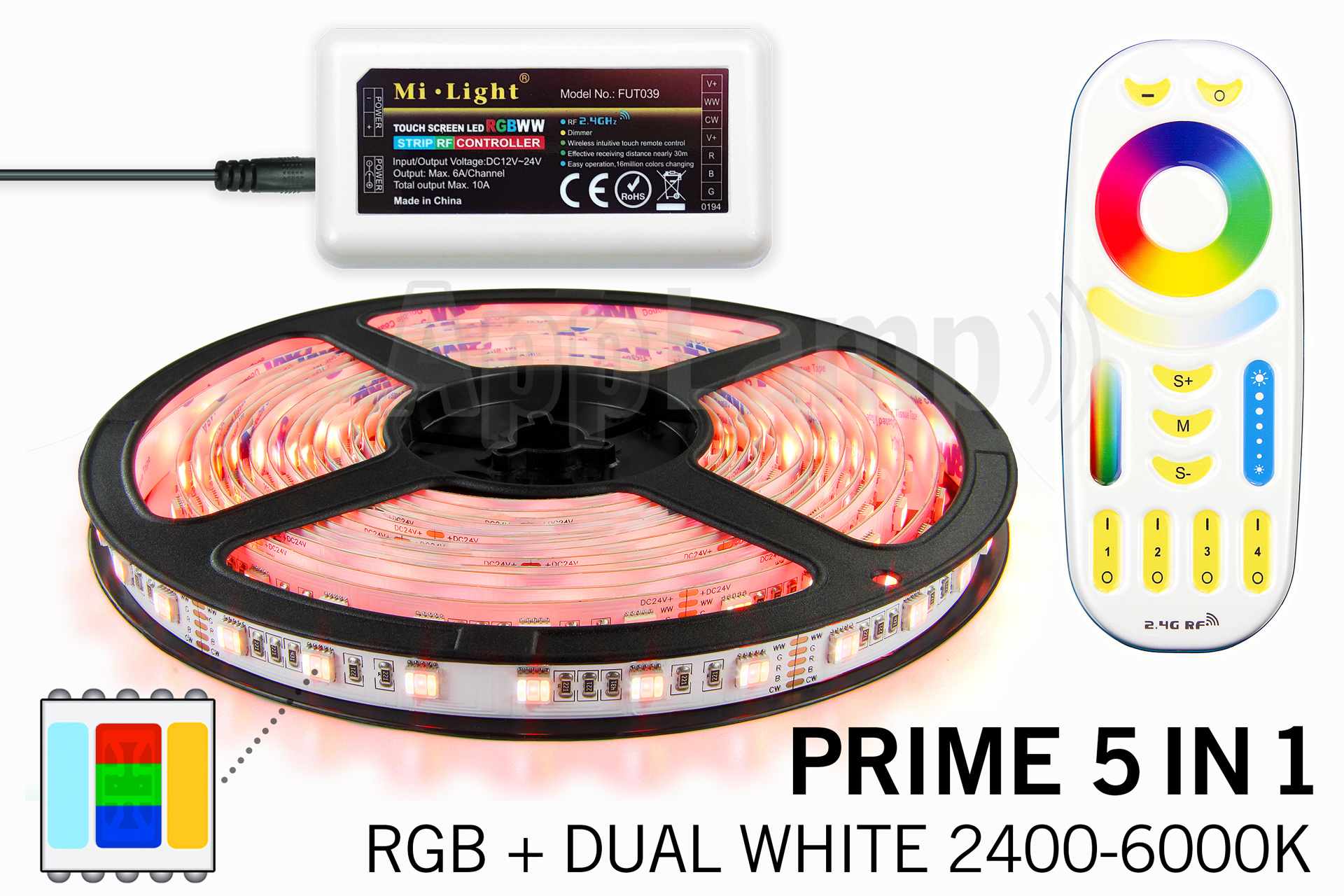 Mi·Light PRIME 7.5m Ledstrip RGB Color+Dual White 60 LED/m, 5 IN 1. Complete set met RF Afstandsbediening afbeelding