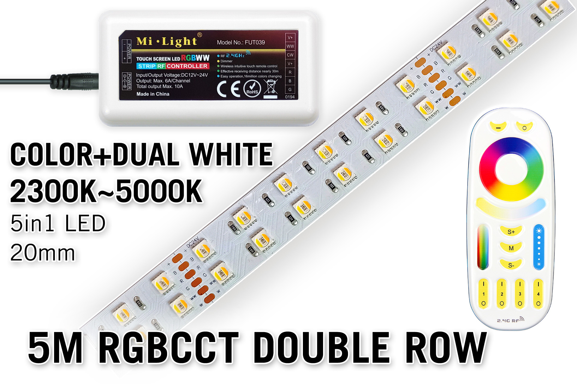Mi·Light Dubbele Rij Prime 5 Meter Ledstrip RGB Color+Dual White 60 LED/m, 5 IN 1. Complete set met RF Afstandsbediening