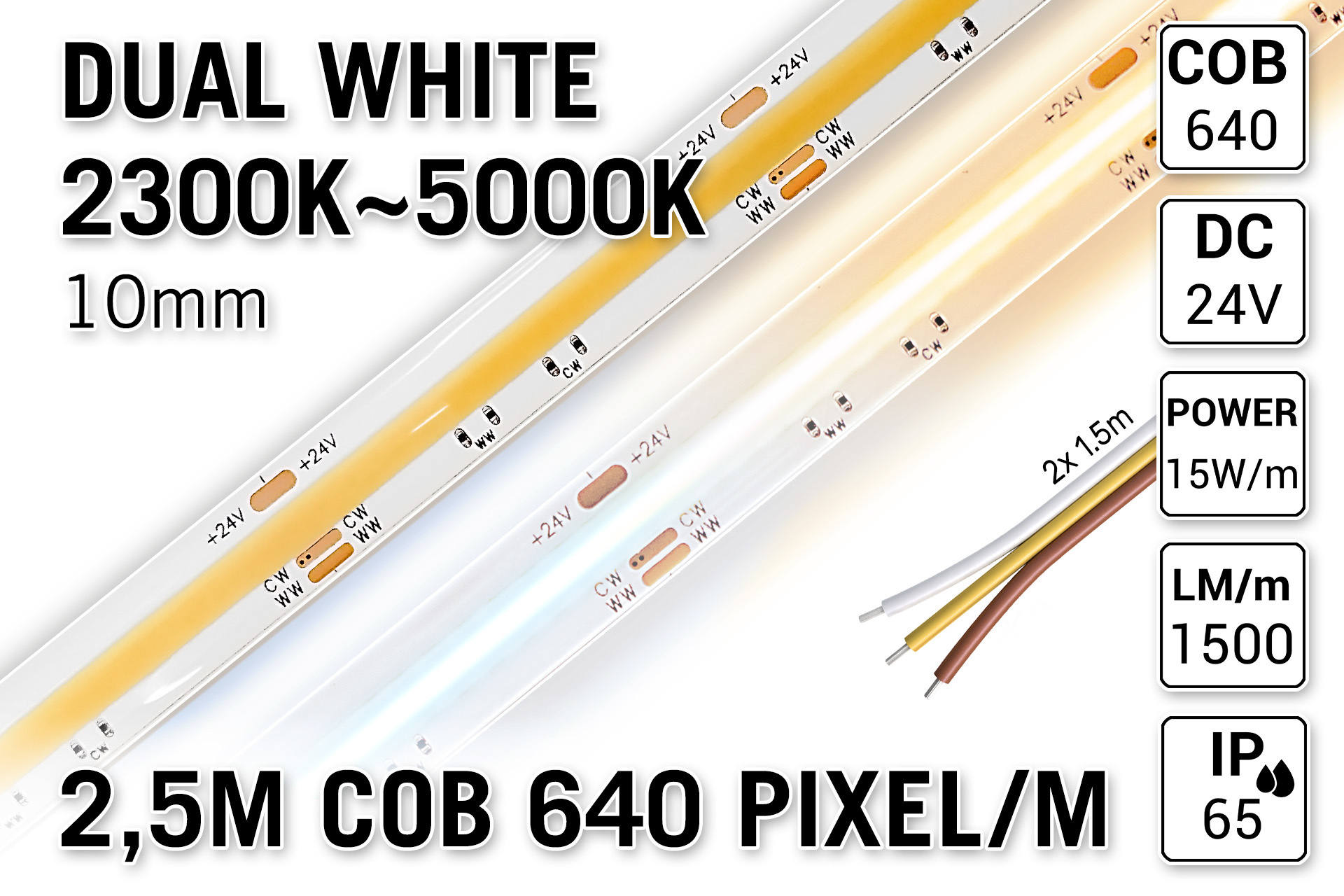 AppLamp ProLine PRO LINE COB Dual Wit 2300K~5000K CCT Led Strip | 2,5m COB 640 Pixels pm 24V - Losse Strip