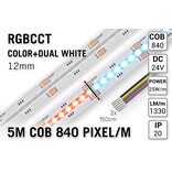 COB RGBCCT Led Strip | Kleur+Dual Wit | 5m 25W pm  24V | 840 pixels pm - Losse Strip