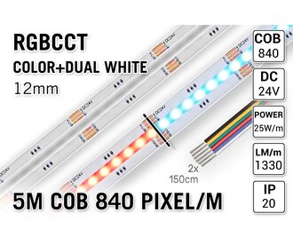 COB RGBCCT Led Strip | 5m 25W pm  24V | 840 pixels pm - Losse Strip