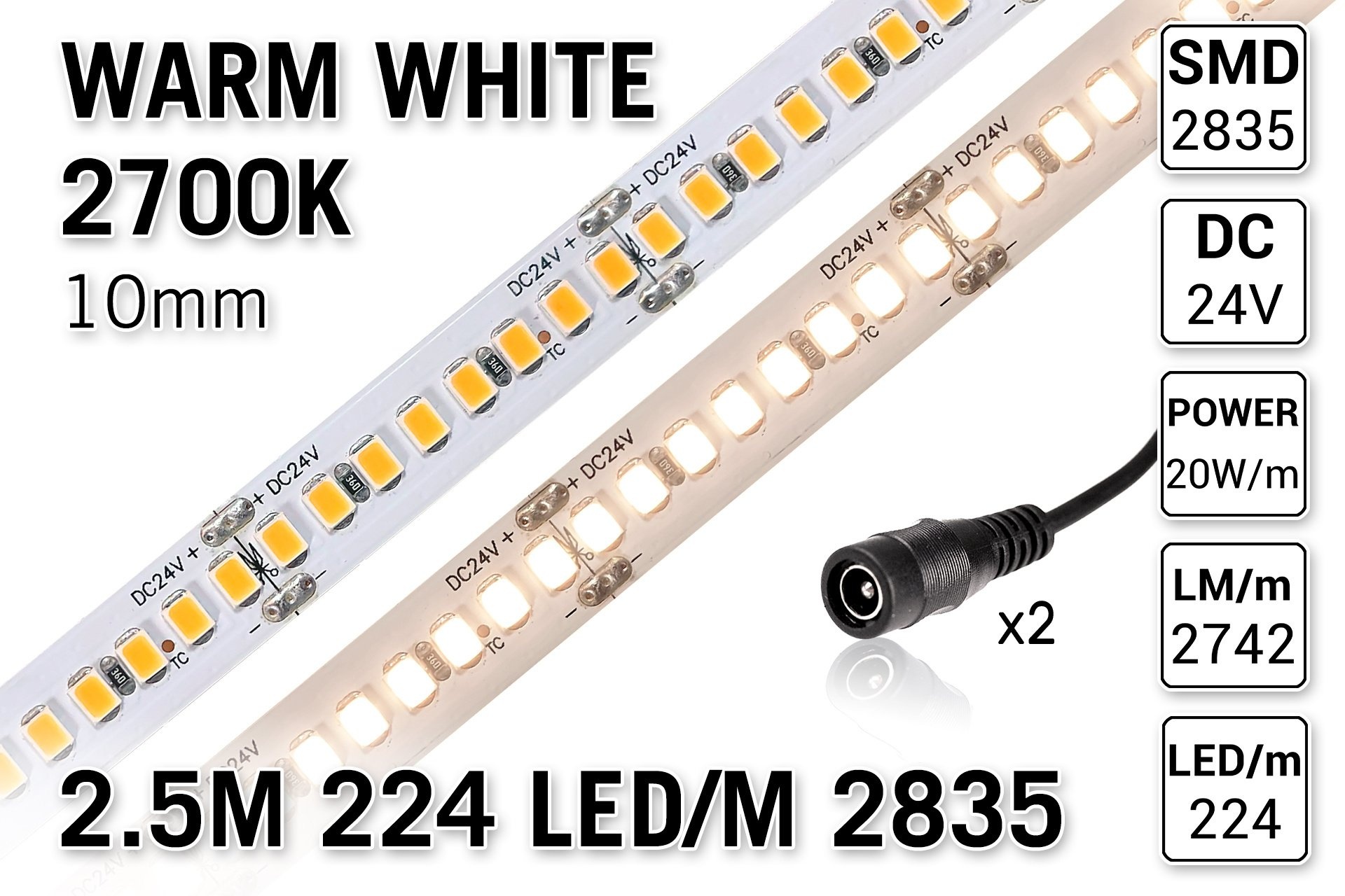 PRO LINE Warm Wit Led Strip | 2.5m 224 Leds pm Type 2835 24V Losse Strip - Super bright - 2742 Lumen per meter afbeelding