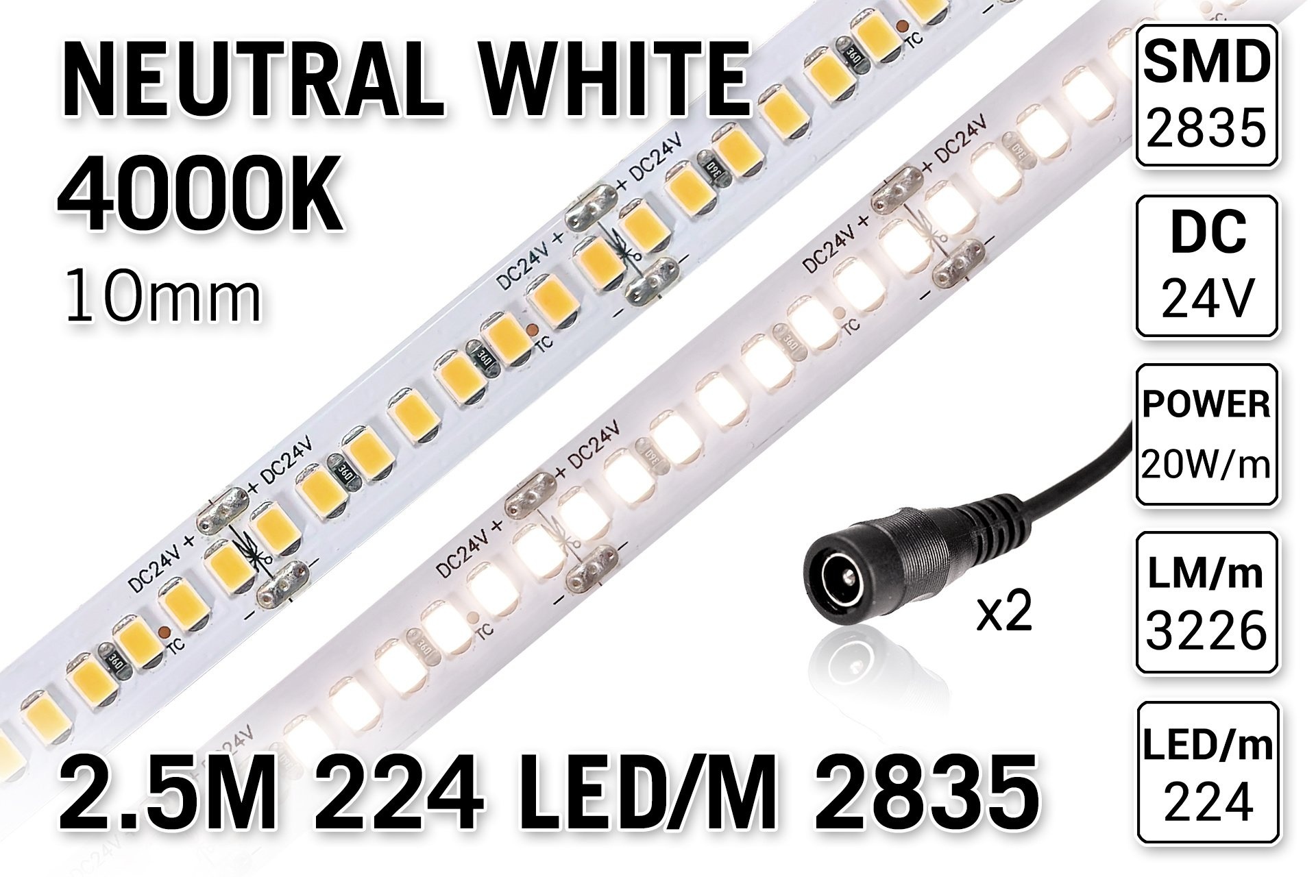 PRO LINE Neutraal Wit Led Strip | 2.5m 224 Leds pm Type 2835 24V Losse Strip - Super bright - 3226 Lumen per meter afbeelding