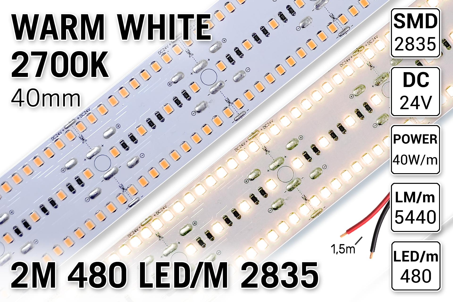 PRO LINE Hoge lichtkracht ledstrip | 2700K Warm Wit | 40W/m | 2m | 480 Leds pm type 2835 | 24V Losse Strip afbeelding