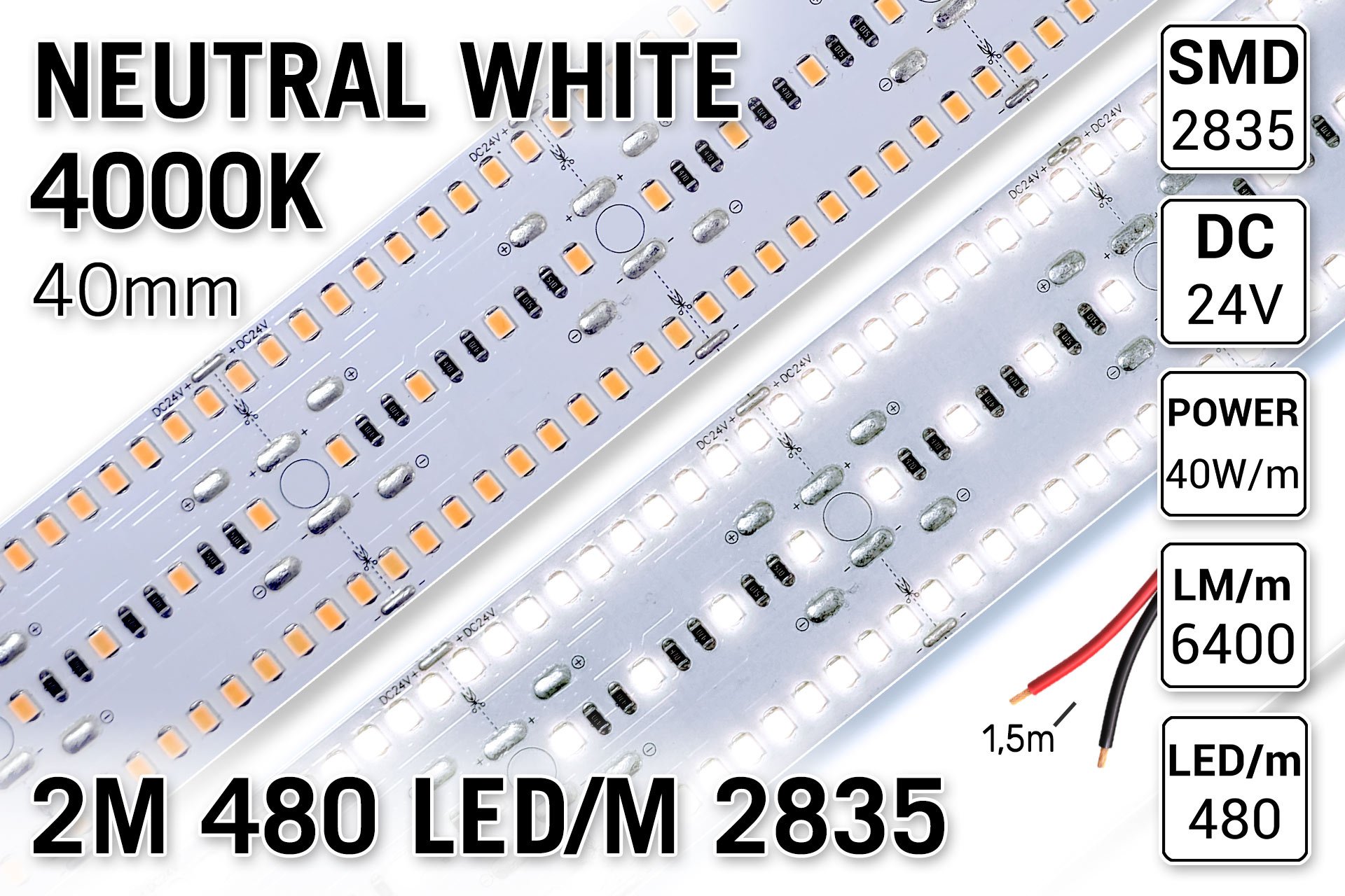 PRO LINE Hoge lichtkracht ledstrip | 4000K Neutraal Wit | 40W/m | 2m | 480 Leds pm type 2835 | 24V Losse Strip afbeelding