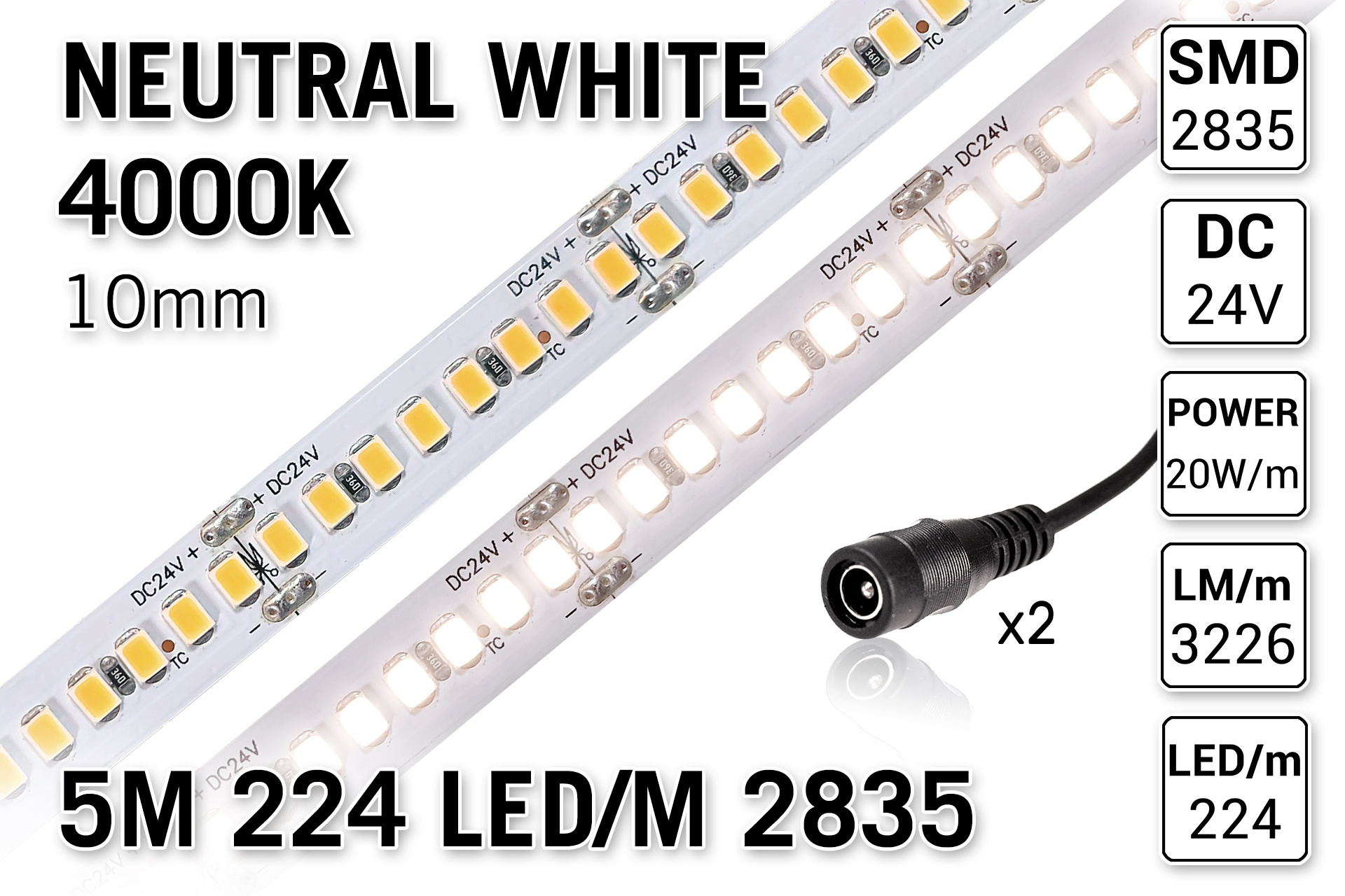 PRO LINE Neutraal Wit Led Strip | 5m 224 Leds pm Type 2835 24V Losse Strip - Super bright - 3226 Lumen per meter afbeelding