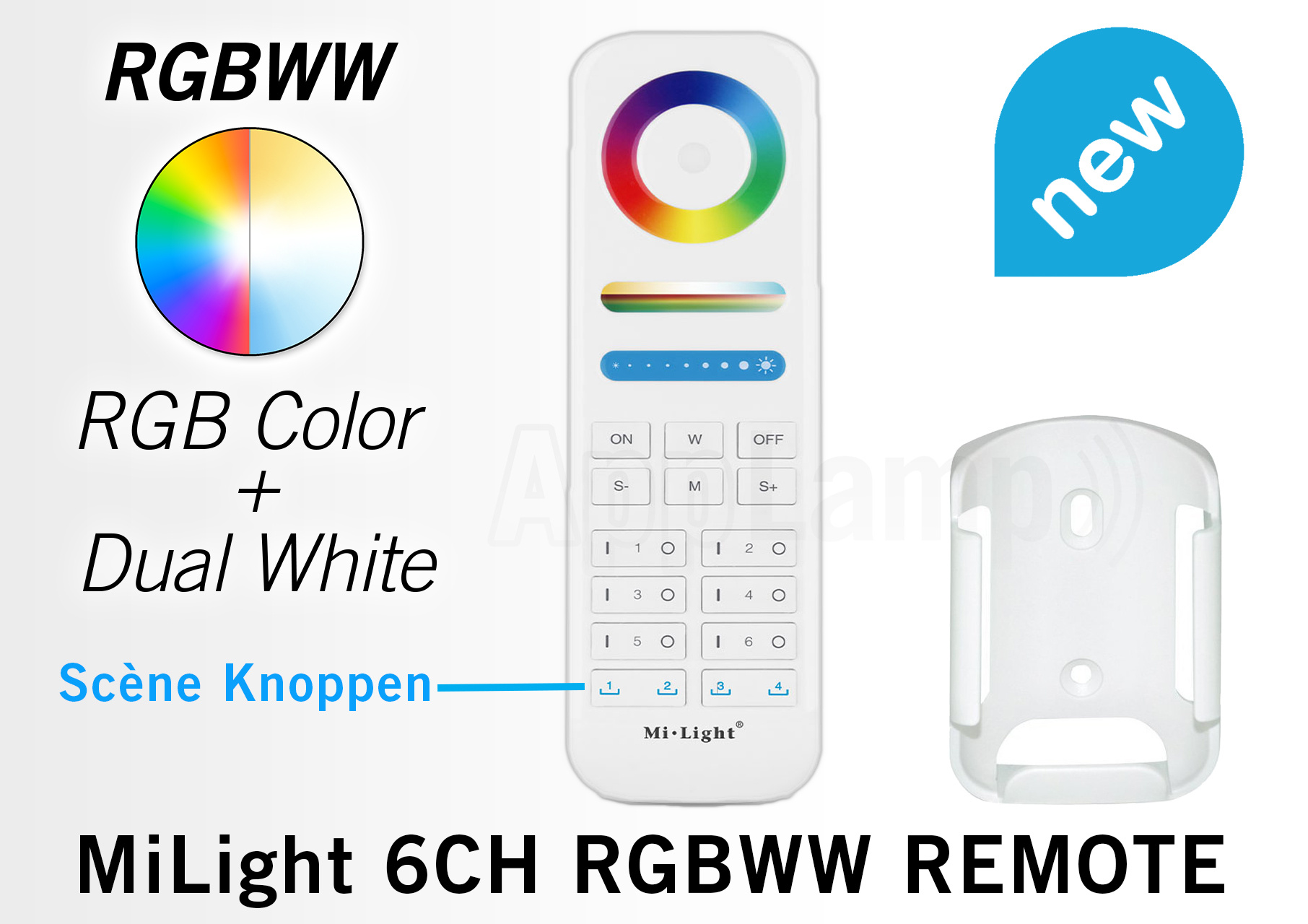 Mi·Light MiLight RGB+ DualWhite (RGB+CT) hand afstandsbediening, 6-zones, 4 scenes, RF, 2xAAA afbeelding