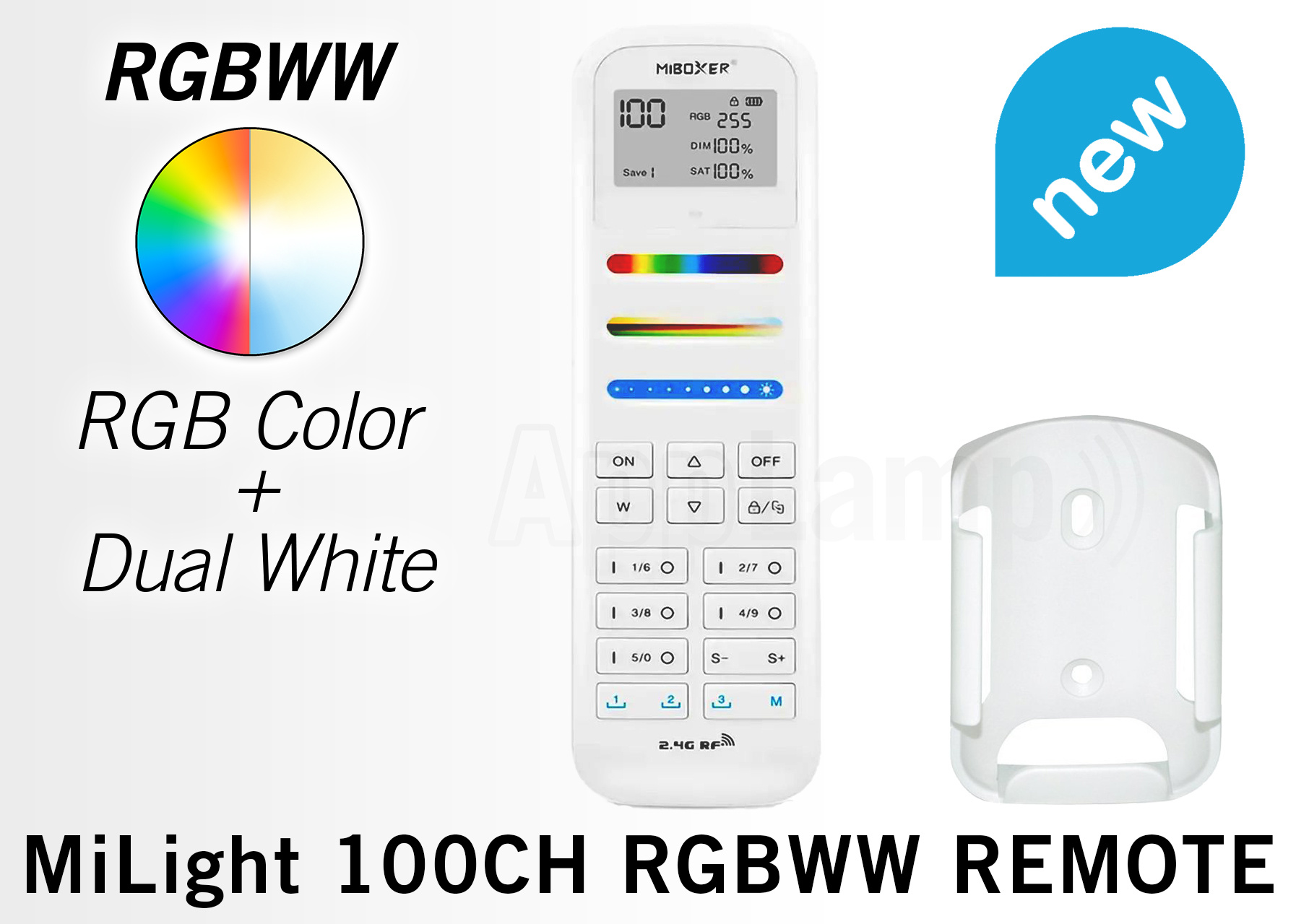 Mi·Light MiLight RGB+ DualWhite (RGB+CT) hand afstandsbediening, 100-zones, RF, 2xAAA afbeelding