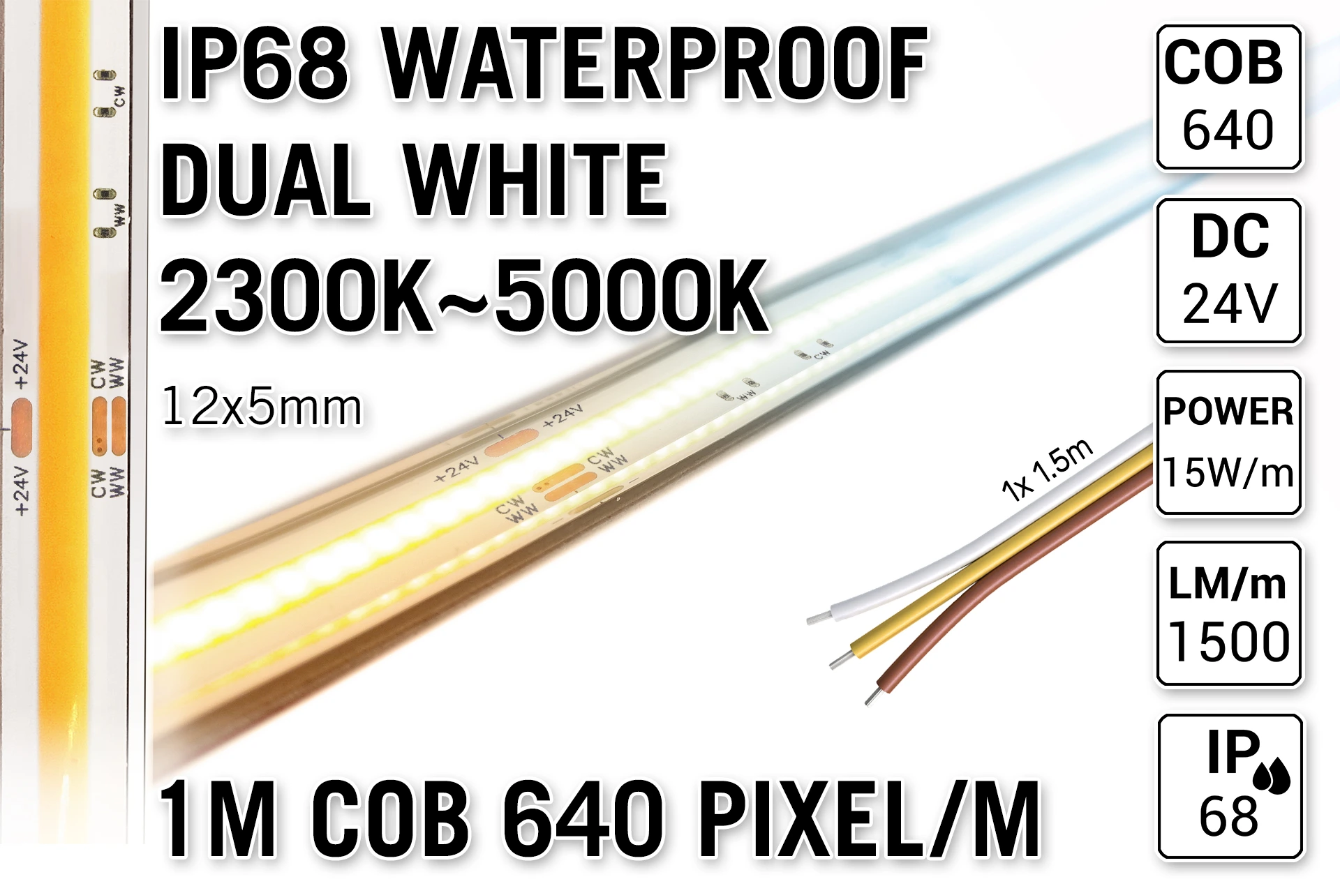 AppLamp ProLine 1m IP68 PRO LINE COB Dual Wit 2300K~5000K CCT Led Strip | COB 640 Pixels pm 24V - Losse Strip afbeelding