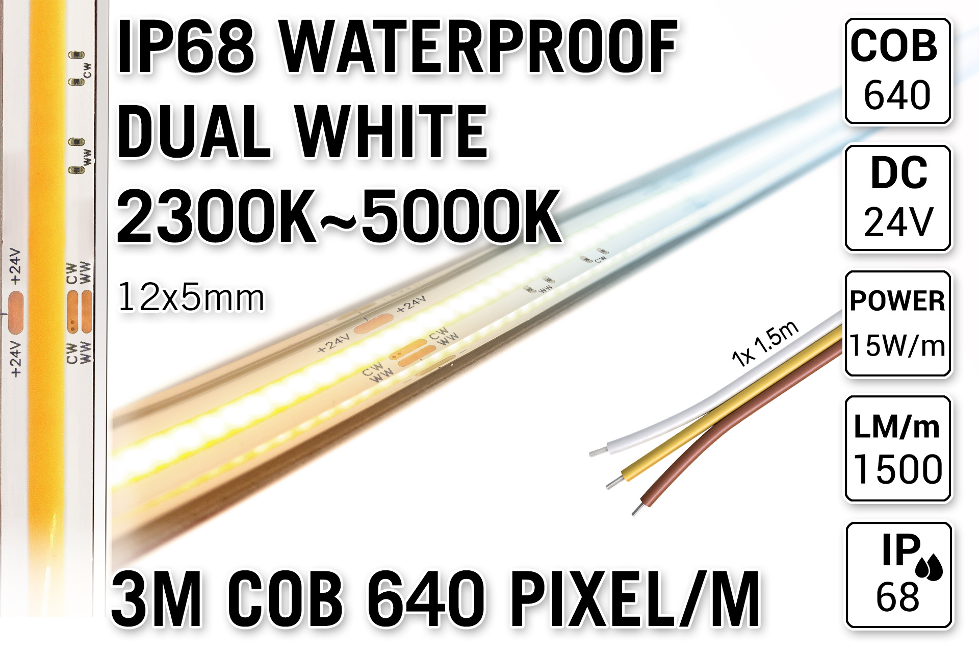 AppLamp ProLine 3m IP68 PRO LINE COB Dual Wit 2300K~5000K CCT Led Strip |  COB 640 Pixels pm 24V - Losse Strip
