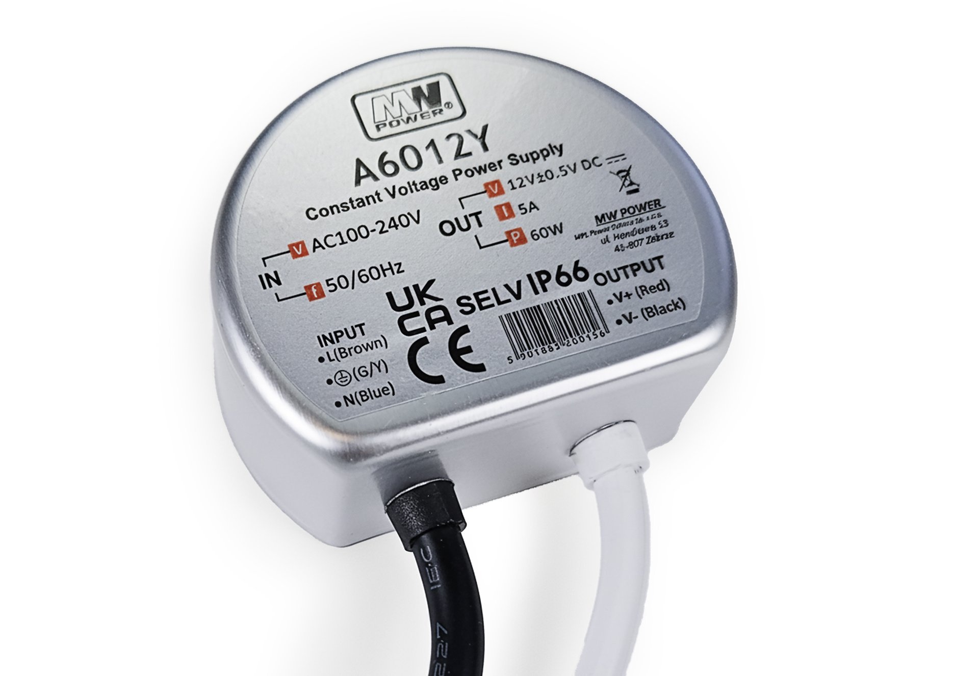 MWPower Mini Waterdichte Voeding ⌀58mm - DC 12V 60 Watt 5A - IP66 afbeelding