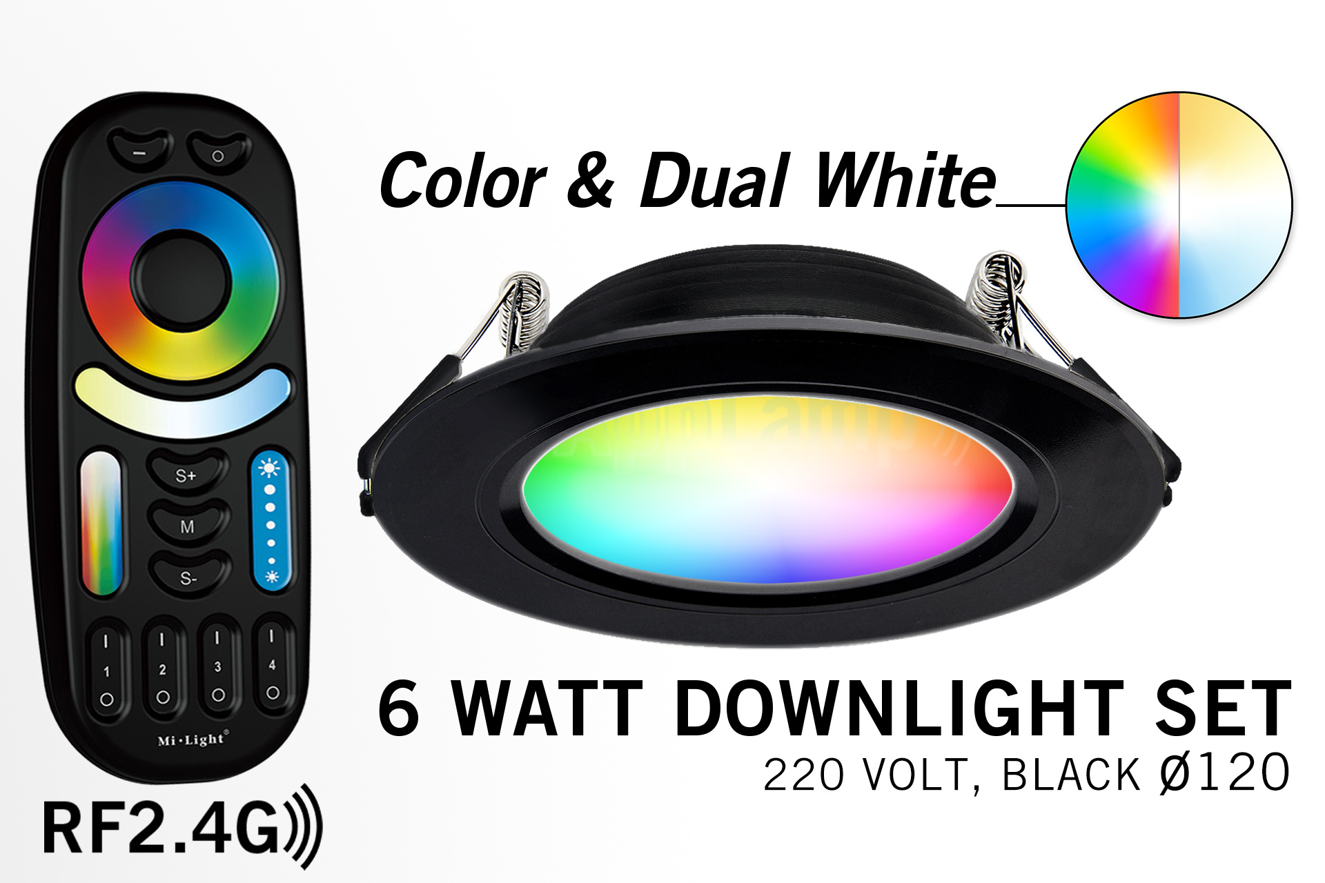 Mi·Light Mi-Light 6W RGBWW Kleur + Dual White LED Inbouwspot + Afstandsbediening | Zwart afbeelding 1