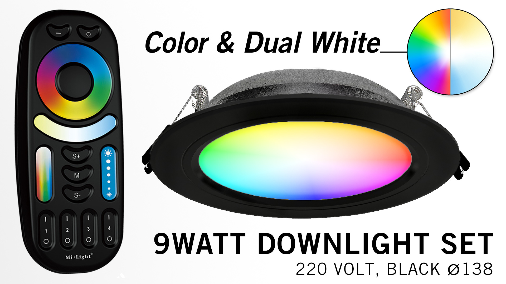 Mi·Light Zwarte Mi-Light 9W RGBWW Kleur + Dual White LED Inbouwspot + Afstandsbediening afbeelding 1