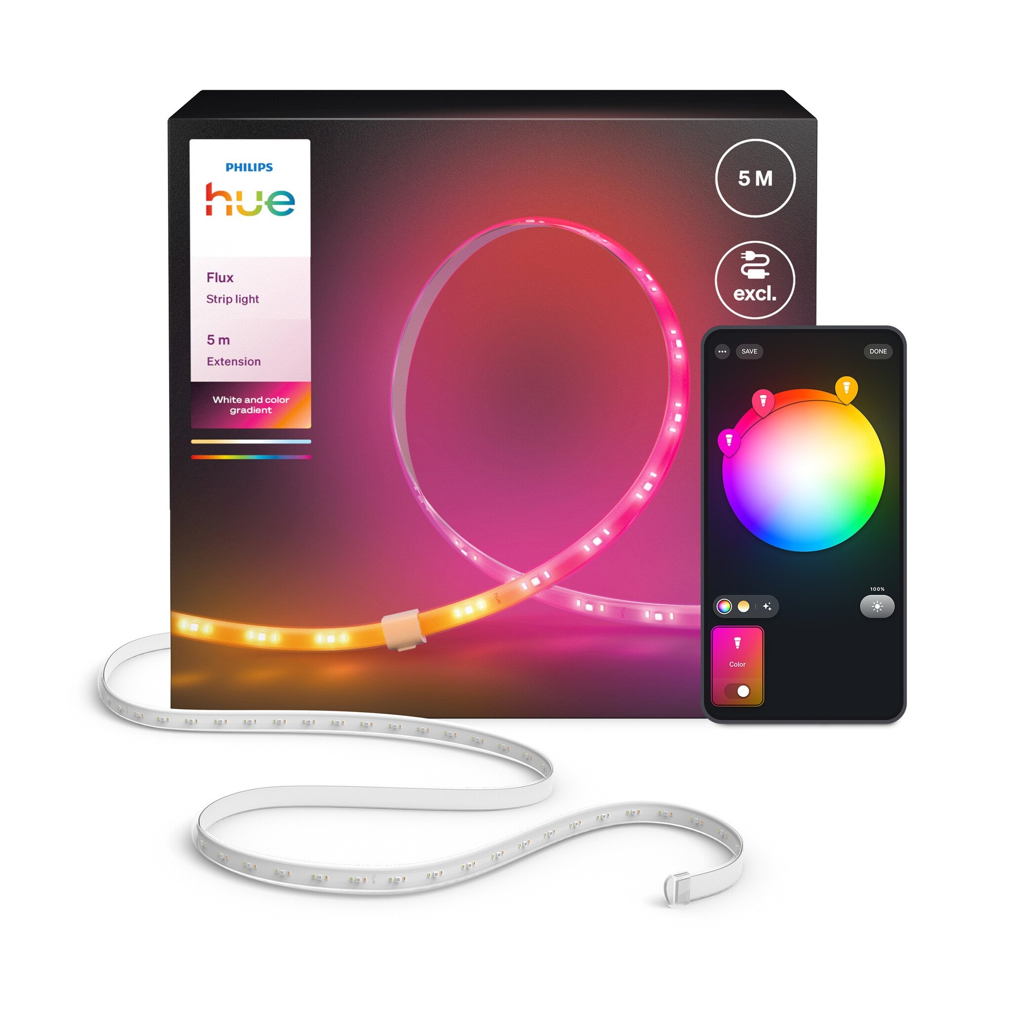 Philips Hue Philips Hue Flux LED strip verlenging - 5 meter verlengstrip - Eenvoudige installatie - Wit en gekleurd licht - Chromasync™ technologie | 48 Watt
