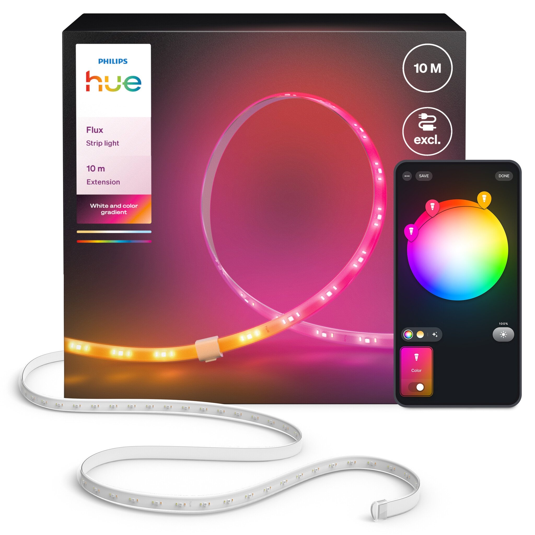 Philips Hue Philips Hue Flux LED strip verlenging - 10 meter verlengstrip - Eenvoudige installatie - Wit en gekleurd licht - Chromasync™ technologie | 60 Watt