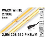 Pro Line COB 2700K Warm Wit Led Strip | 2.5m 10W pm  24V | 512 pixels pm - Losse Strip  - Copy