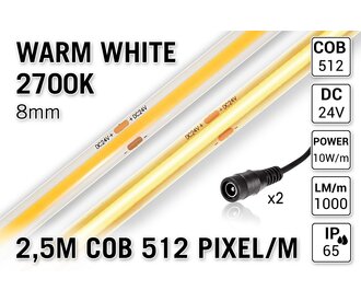 COB 2700K Warm Wit Led Strip | 2.5m 10W pm  24V | 512 pixels pm - Losse Strip  - Copy