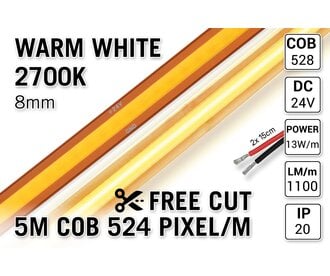 Free Cut COB 2700K Warm Wit Led Strip | 5m 13W pm  24V | 528 pixels pm - Losse Strip