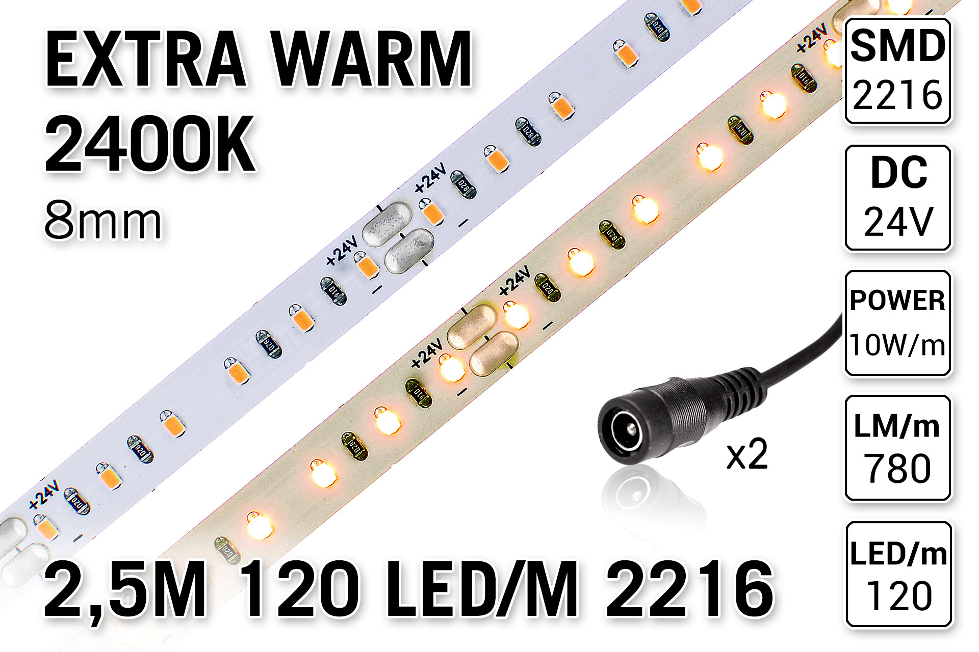 PRO LINE 2400K Extra Warm Wit Led Strip | 2.5m | IP20 | 120 Leds pm Type 2216 24V Losse Strip