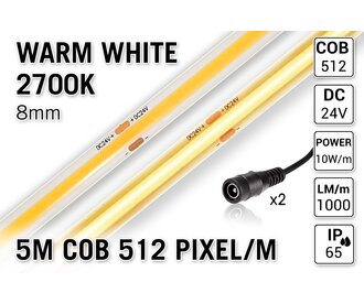 COB 2700K Warm Wit Led Strip | 5m 10W pm  24V | 512 pixels pm - Losse Strip