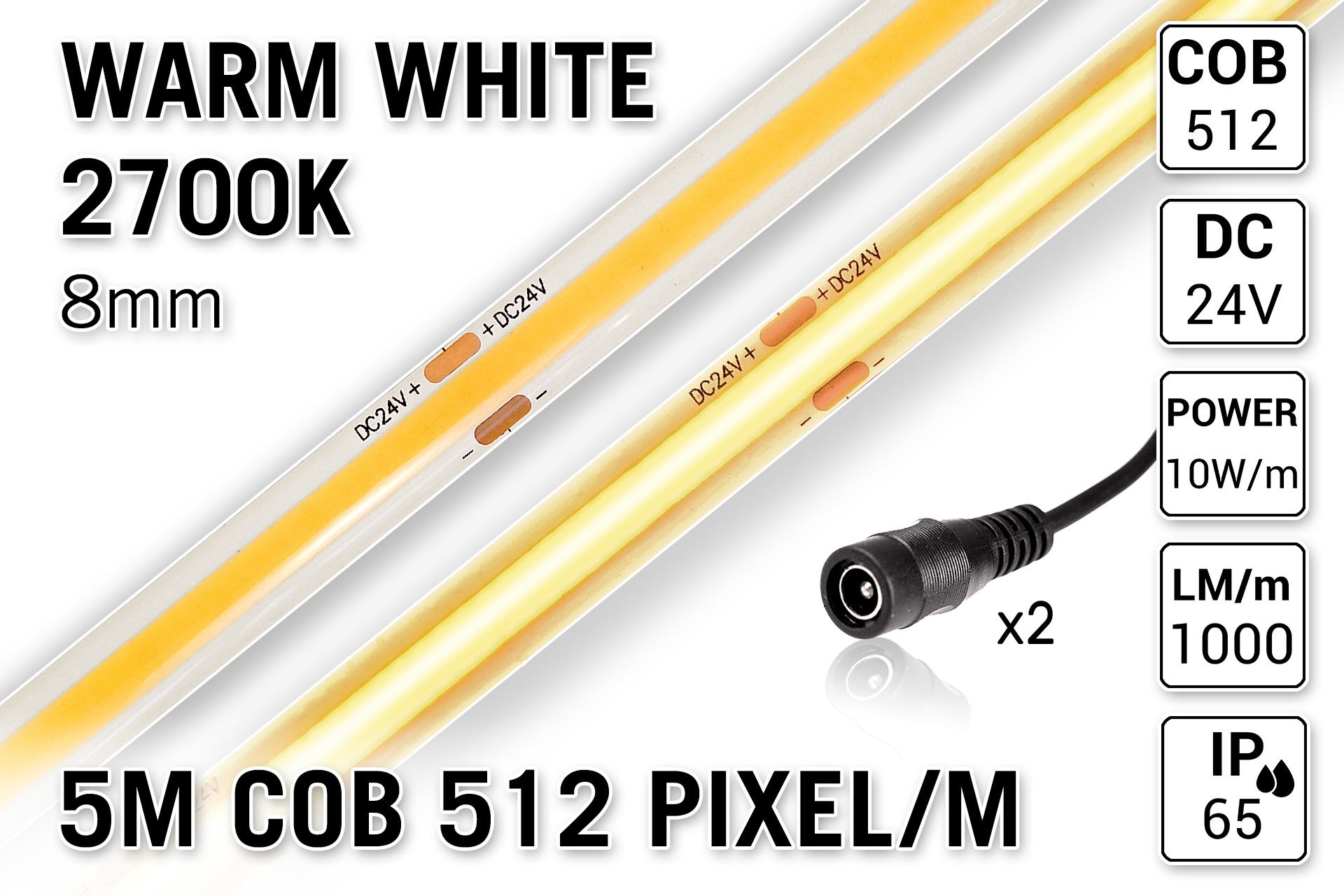 Pro Line COB 2700K Warm Wit Led Strip | 5m 10W pm  24V | 512 pixels pm - Losse Strip