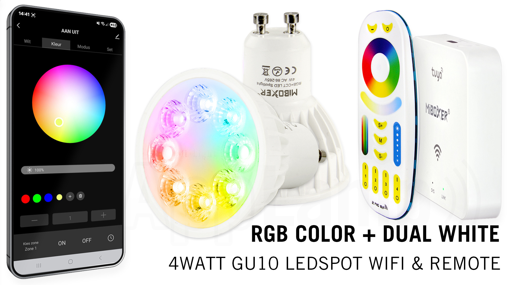 Mi·Light GU10 RGBWW 4W Wifi Ledspot(s) set met afstandsbediening.  Mi-Light  Kleur + Dual White  GU10 Starterskit