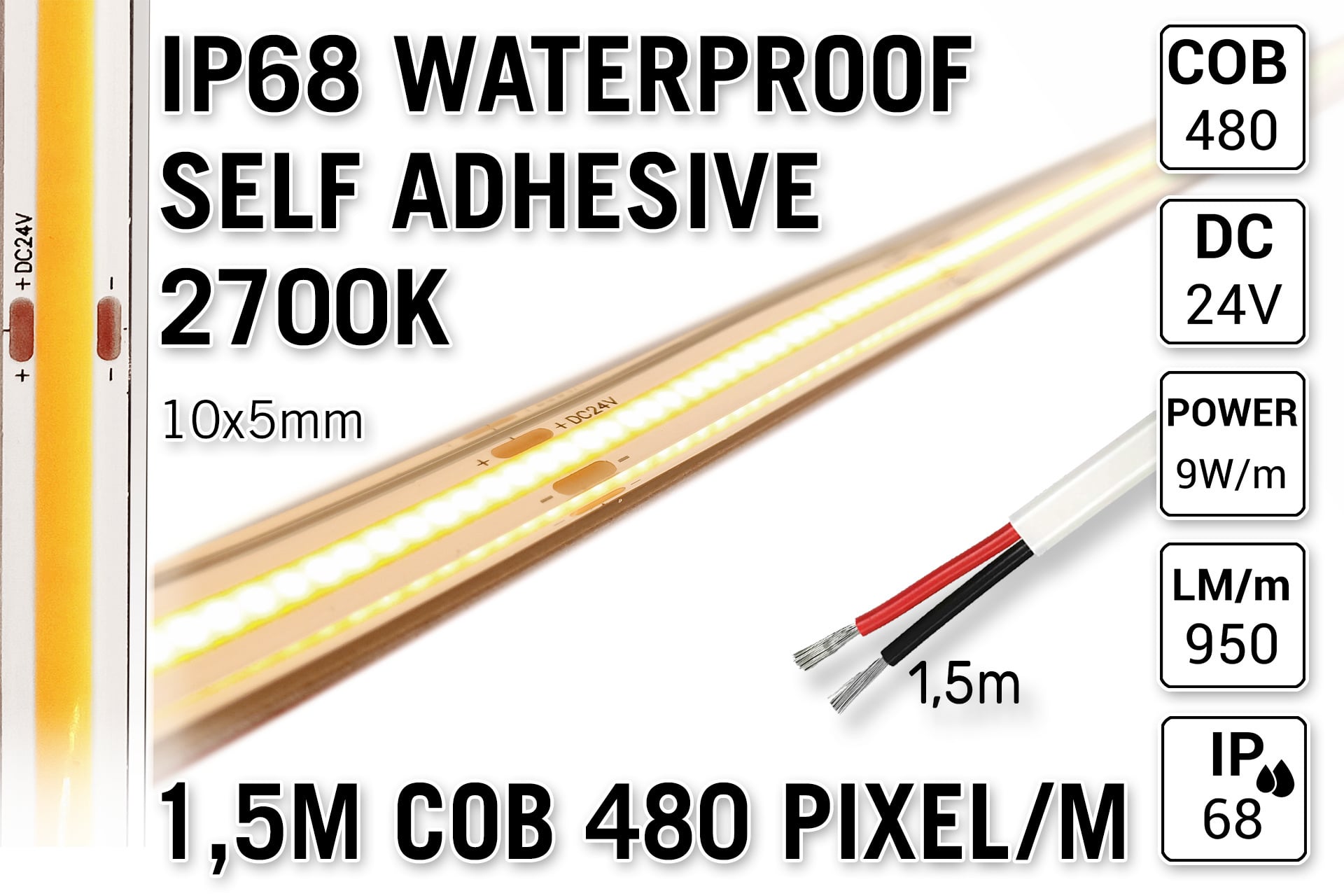 1.5m IP68 Waterdichte COB 2700K Warm Wit Led Strip | 9W pm  24V | 480 pixels pm - Zelfklevend
