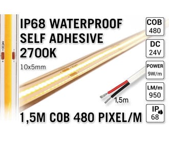 1.5m IP68 Waterdichte COB 2700K Warm Wit Led Strip | 9W pm  24V | 480 pixels pm - Zelfklevend