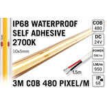 3m IP68 Waterdichte COB 2700K Warm Wit Led Strip | 9W pm  24V | 480 pixels pm - Zelfklevend