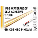 6m IP68 Waterdichte COB 2700K Warm Wit Led Strip | 9W pm  24V | 480 pixels pm - Zelfklevend