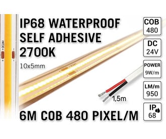 6m IP68 Waterdichte COB 2700K Warm Wit Led Strip | 9W pm  24V | 480 pixels pm - Zelfklevend