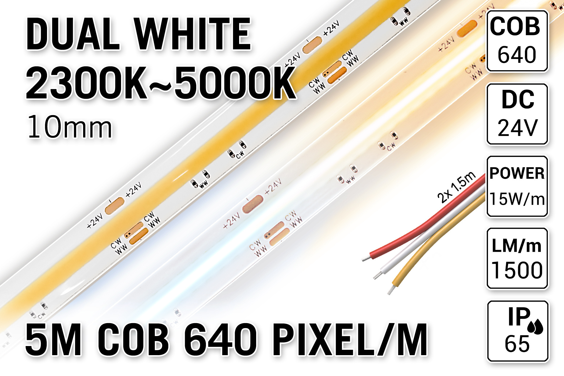 AppLamp ProLine PRO LINE COB Dual Wit 2300K~4500K CCT Led Strip |5m COB 640 Pixels pm 24V - Losse Strip