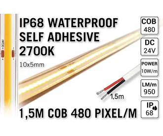 1.5m IP68 Waterdichte COB 2700K Warm Wit Led Strip | 10W pm | 24V | 480 pixels pm - Zelfklevend