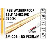 3m IP68 Waterdichte COB 2700K Warm Wit Led Strip | 10W pm | 24V | 480 pixels pm - Zelfklevend