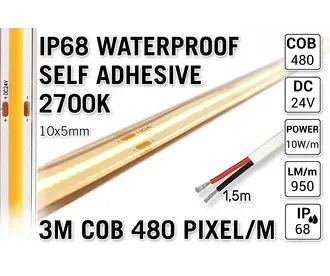 3m IP68 Waterdichte COB 2700K Warm Wit Led Strip | 10W pm | 24V | 480 pixels pm - Zelfklevend
