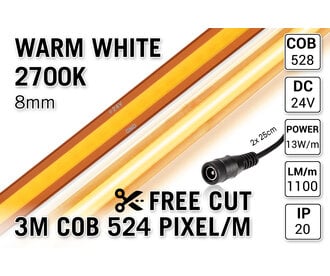 Free Cut COB 2700K Warm Wit Led Strip | 3m | 13W pm | 24V | 528 pixels pm - Losse Strip